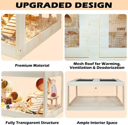 Cage de hamster en bois avec plafond ouverte et feuilles acryliques maison construite solide inclus