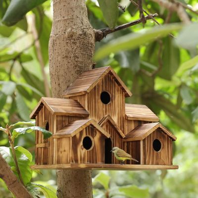 6 trous maison d'oiseaux en bois naturel faite à la main pour accrocher à l'extérieur