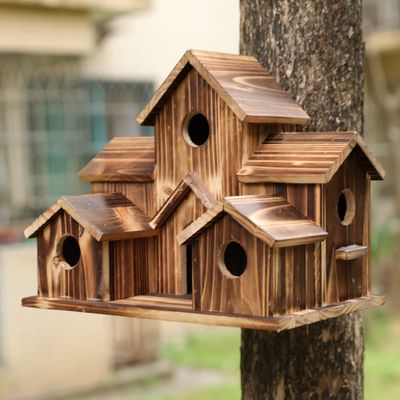 6 trous maison d'oiseaux en bois naturel faite à la main pour accrocher à l'extérieur