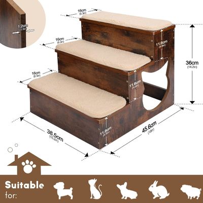 3 niveaux Escaliers en bois pour chiens Escaliers en bois massif pour animaux de compagnie avec des coussins antidérapants et un tapis lavable