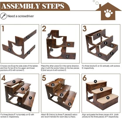 3 niveaux Escaliers en bois pour chiens Escaliers en bois massif pour animaux de compagnie avec des coussins antidérapants et un tapis lavable