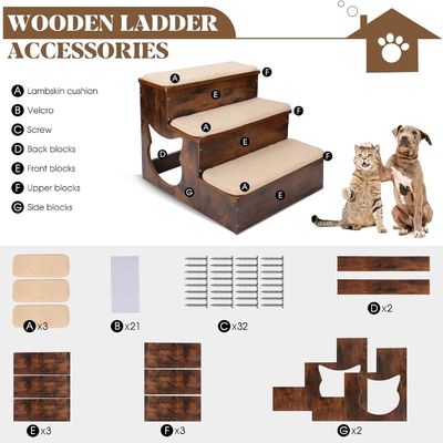 3 niveaux Escaliers en bois pour chiens Escaliers en bois massif pour animaux de compagnie avec des coussins antidérapants et un tapis lavable