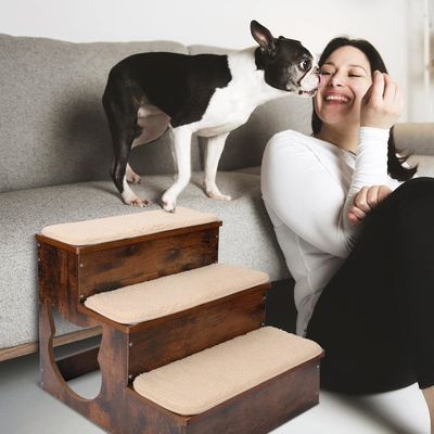 3 niveaux Escaliers en bois pour chiens Escaliers en bois massif pour animaux de compagnie avec des coussins antidérapants et un tapis lavable