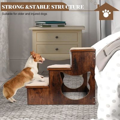3 niveaux Escaliers en bois pour chiens Escaliers en bois massif pour animaux de compagnie avec des coussins antidérapants et un tapis lavable