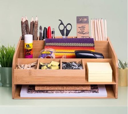 Organisez les fournitures de bureau avec Bamboo Wood Organizer Bureau et stockage de fichiers Logo personnalisé