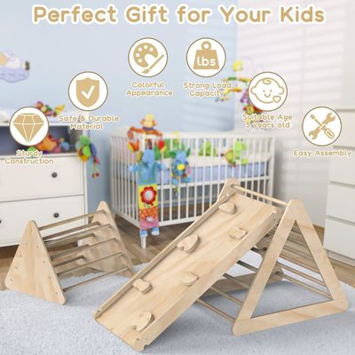 Escalier triangulaire d'escalade en bois unisexe avec rampe et finition colorée pour les tout-petits