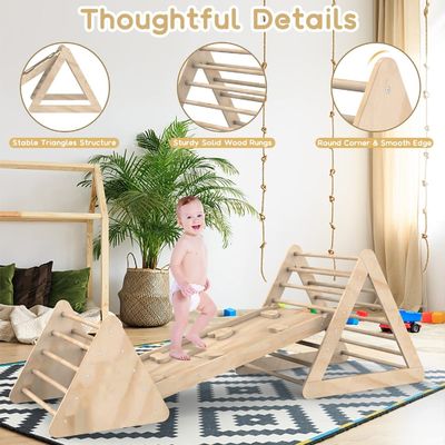 Escalier triangulaire d'escalade en bois unisexe avec rampe et finition colorée pour les tout-petits