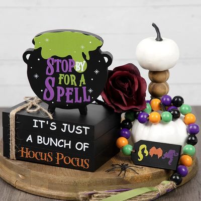 Décorations d'Halloween écologiques pour enfants Hocus Pocus décor de plateau à trois niveaux