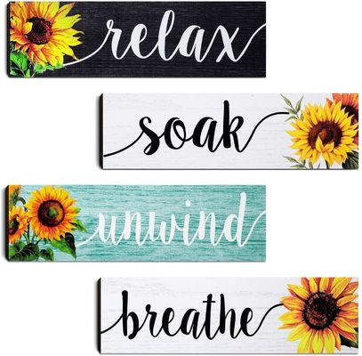Décoration murale de salle de bain Plaque en bois rustique avec design de tournesol Détendez-vous, trempez-vous, détendez-vous