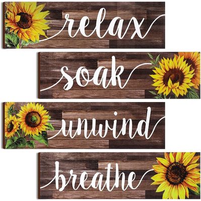 Décoration murale de salle de bain Plaque en bois rustique avec design de tournesol Détendez-vous, trempez-vous, détendez-vous