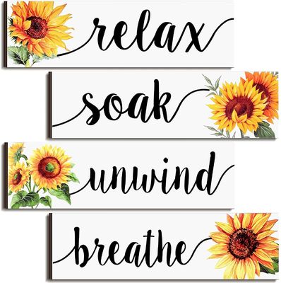 Décoration murale de salle de bain Plaque en bois rustique avec design de tournesol Détendez-vous, trempez-vous, détendez-vous