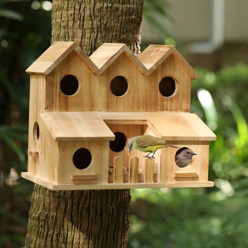 Maison d'oiseaux en bois faite à la main avec 8 trous couvercle coulissant style couleur bois de bouleau inachevé