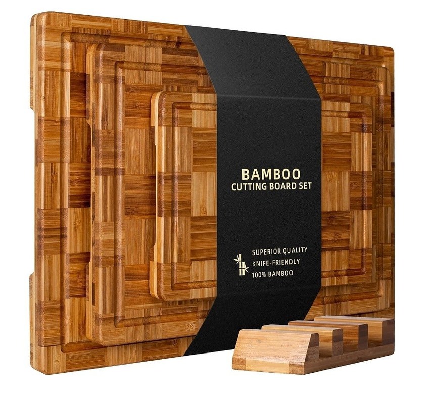 Ensemble durable de 3 planches à découper en bambou personnalisées avec une rainure de jus de grande taille