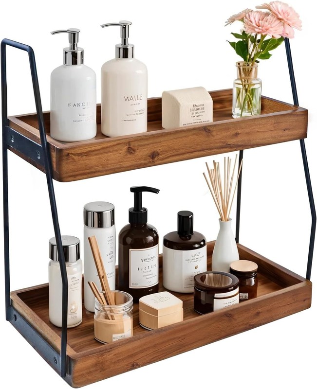 Oui, organisateur de salle de bains à deux niveaux en acacia