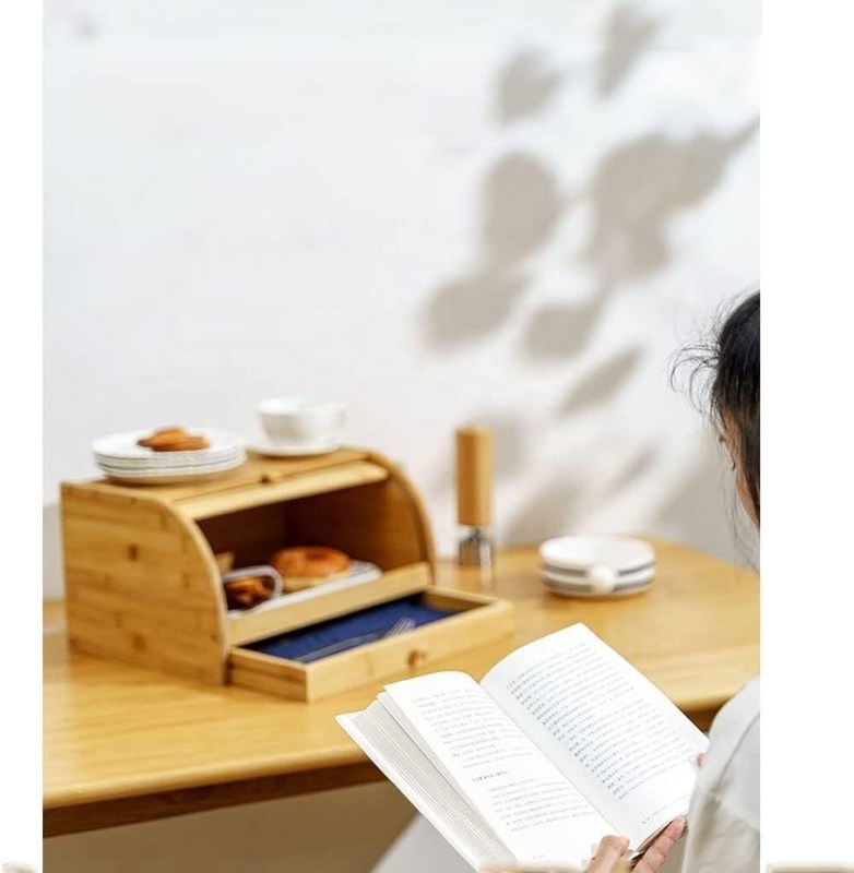 Porte-pain en bois de cuisine en bambou imprimé sur écran à soie avec couvercle à double rouleau