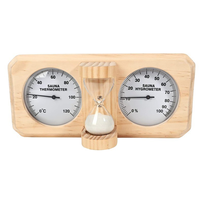 Thermomètre et hygromètre de sauna en bois de design moderne 3 en 1 avec chronomètre à sable de sablier de 15 minutes
