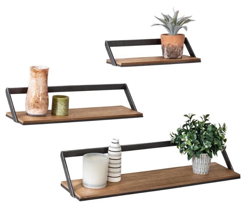 Logo personnalisé Décoration de la maison Ensemble de 3 étagères murales en bois noir / naturel Étagères d'affichage suspendues