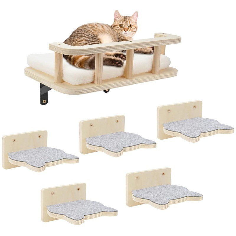 Hammock de chat en bois avec 5 marches Perches pour le mur Cat Mobilier murale Impression brûlé