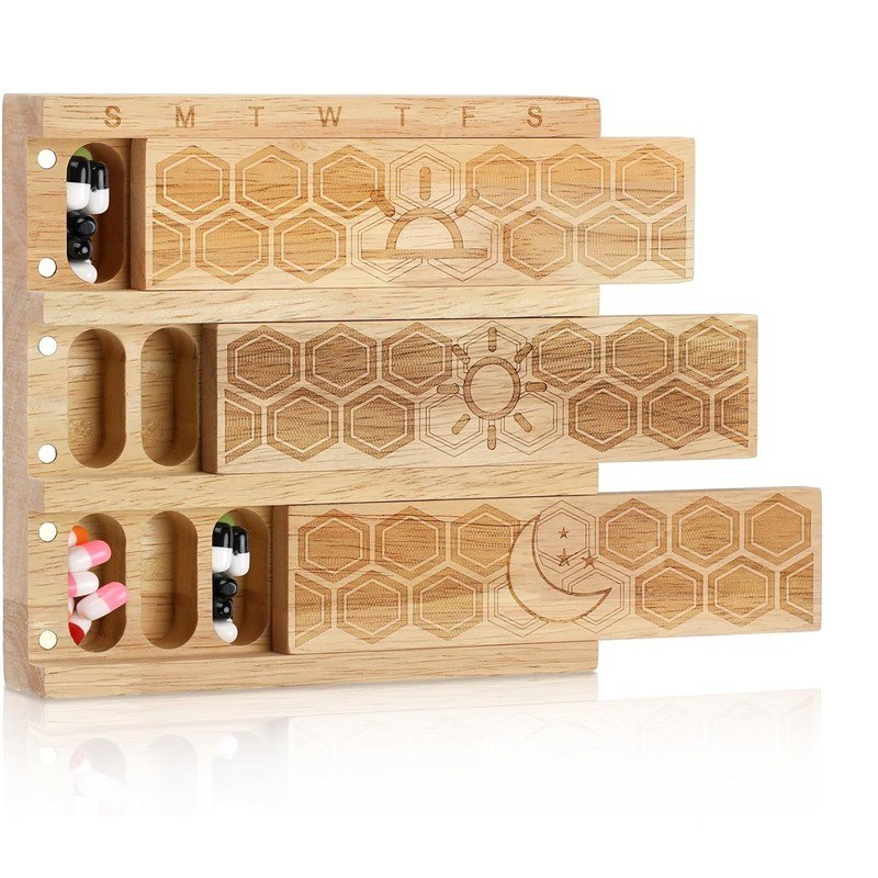 Compact en bois organisateur de pilules hebdomadaire porte-pilule distributeur quotidien distributeur de pilules triateur de pilules récipients