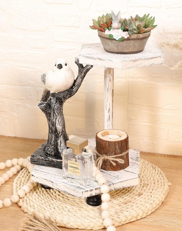 Display en bois hexagonal à 2 niveaux, plateau de ferme blanc pour cuisine et salle de bain