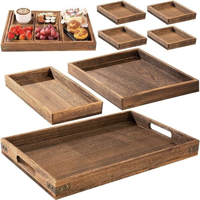 Ensemble de 7 plateaux en bois d'acacia de style rustique avec poignée et échantillon gratuit