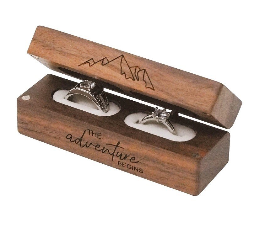 Boîte à bijoux rustique en bois massif vintage 2 boîtes à anneaux avec gravure en bois