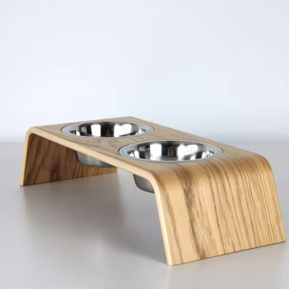 202407 Cadeau pour animaux de compagnie personnalisé en bois avec deux bols en acier inoxydable