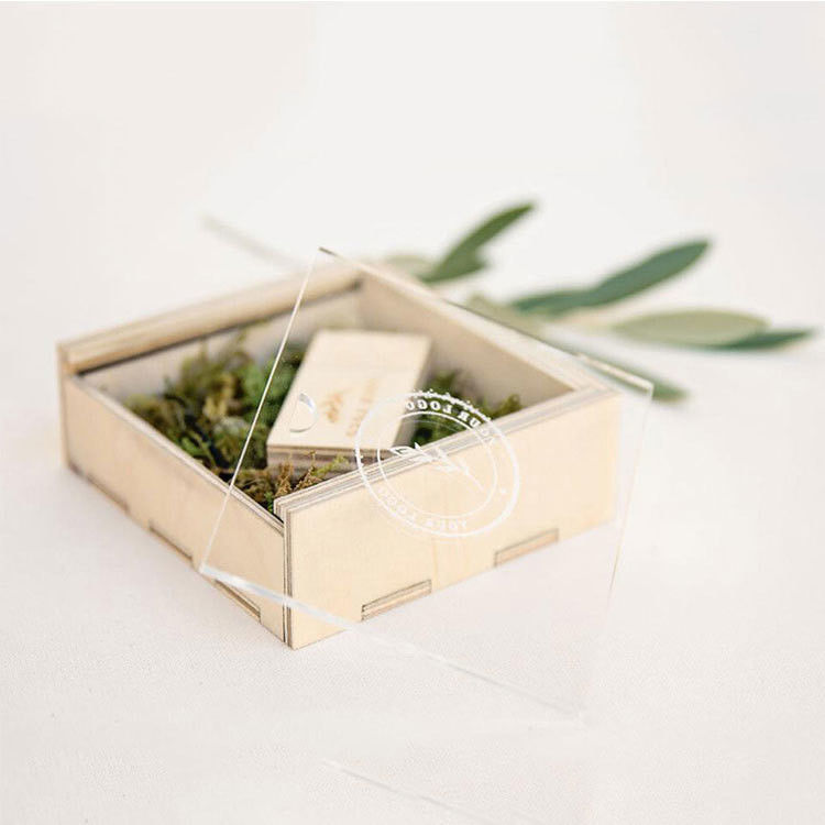 Boîte de rangement de cadeau en bois acrylique naturel