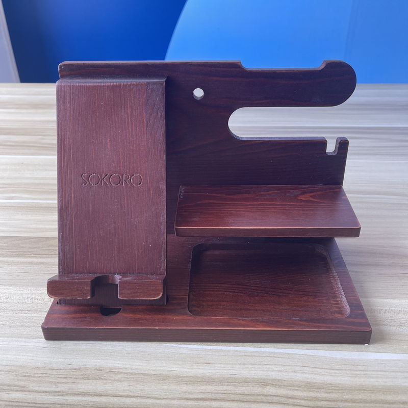 Porteur de téléphone portable personnalisé gravé au laser en bois avec un support de téléphone et un emplacement pour stylo