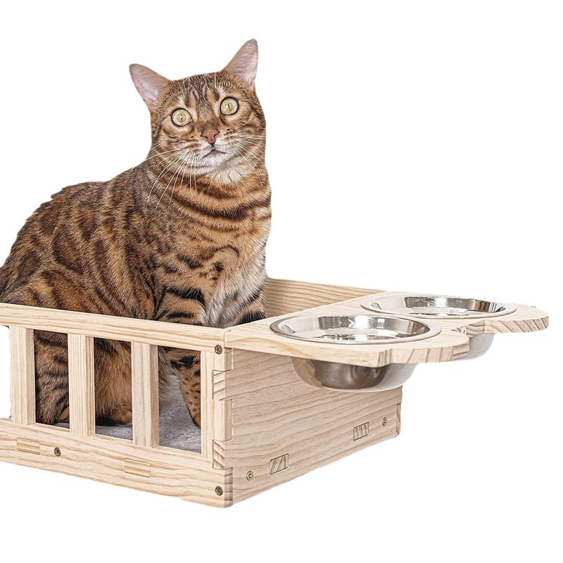 Moderne Design Style Monté sur le mur en bois étagère d'alimentation pour chat avec deux bols Service personnalisé