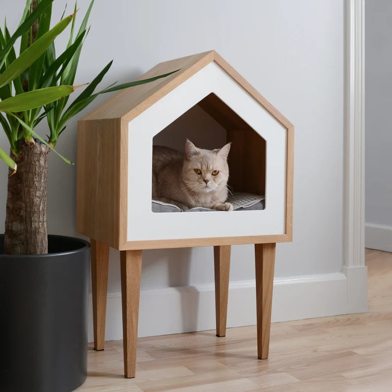 Maison de chat en bois naturel avec conteneurs de stockage