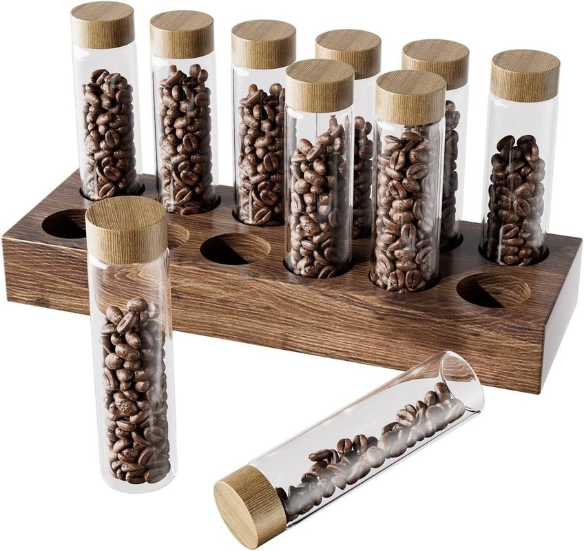 Récipient polyvalent en bois pour le stockage de grains de café avec tube à dose unique et support de support