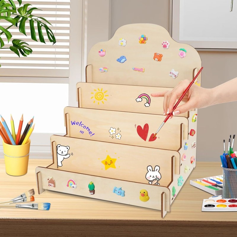 Taille personnalisée en bois massif 4 niveaux Stand d'affichage pour cartes de vœux Autocollants et cartes postales