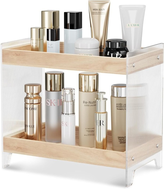 Organiseur de parfum pour maquillage non pliable avec plateau en bois et étagère de cosmétiques acryliques