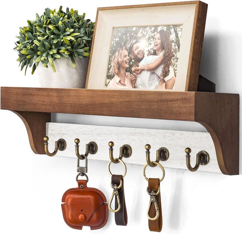Porte-clés en bois à base de 2 couleurs avec 5 clés rétro Crochets pour la décoration de maison rustique Blanc gris