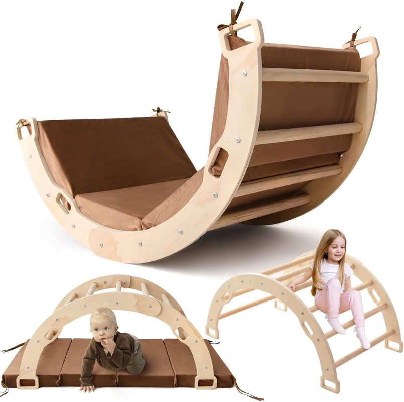 Montessori Arche en bois grimpeur Jeux d'escalade pour enfants avec coussin et design de balancement