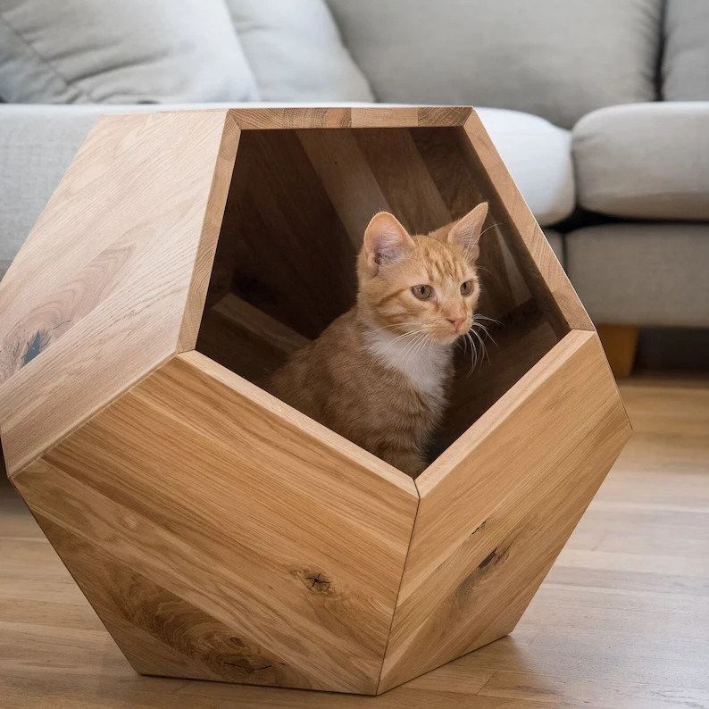 Container de rangement ménager Lit de chat Grotte de design moderne avec bois massif et table d'appoint
