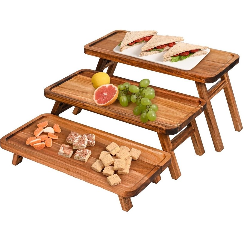 3 étages en bois de la tour d'affichage de gâteaux d'acacia bois pliable plateau de service pour la partie