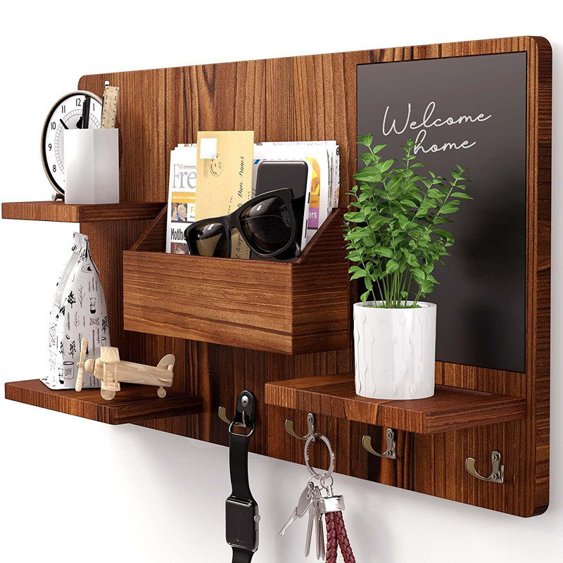 Étagère en bois OEM avec crochet en tissu Entrée organisateur Crochets de manteau porte-clés porte-poste porte-bouteille créatif porte-bloc