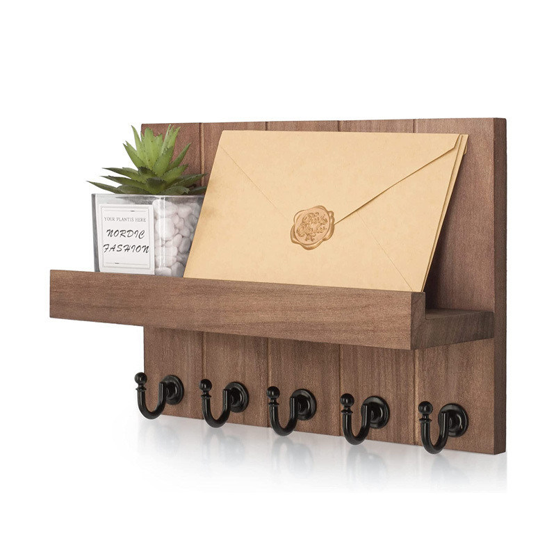 Porte-clés en bois avec 4 crochets à clés et étagère flottante montée sur le mur
