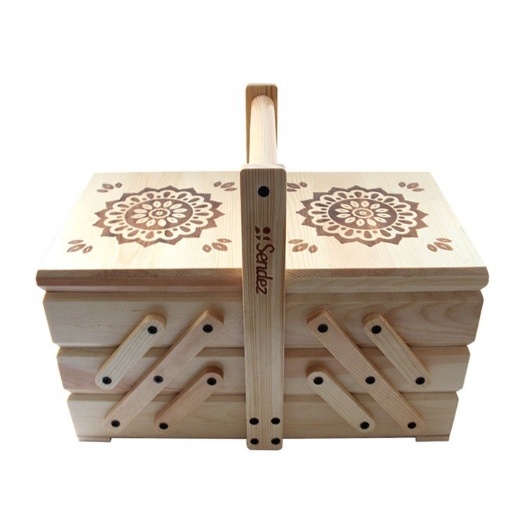 Boîte de rangement de couture à cran pliable de 3 niveaux avec poignée 38x23,5x30 cm finition brûlée