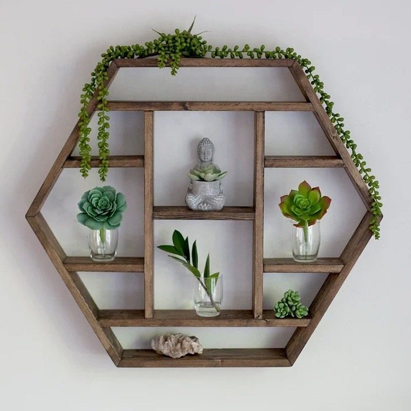 Décoration de la maison en bois massif Hexagone Monté sur le mur Étagère flottante Étagères de stockage en bois