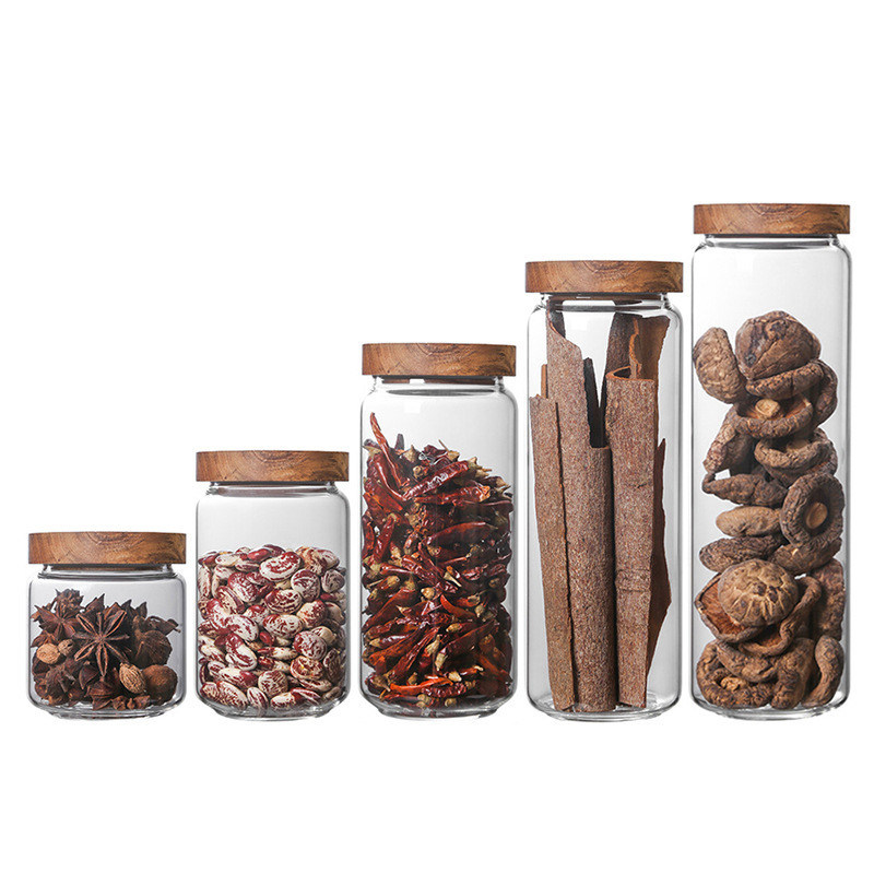 Contenants en verre à couvercle en acacia pour solutions de stockage alimentaire