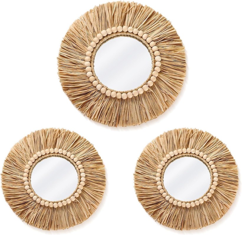 Boho Raffia Miroir Décor suspendu au mur Rustique Cercle rond Miroirs de ferme Esthétique