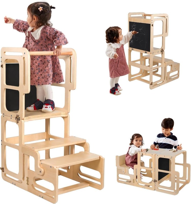 Montessori Apprentissage pliable Tour en bois Tabouret de cuisine réglable pour tout-petits
