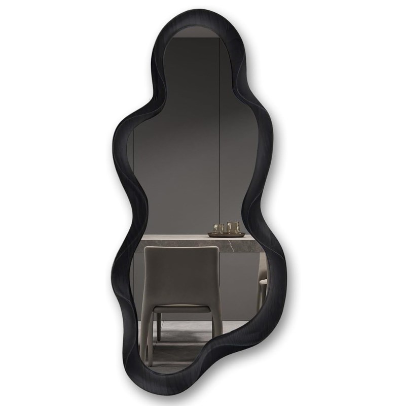 Belle décoration de la maison Miroir murale irrégulier avec cadre en bois noir et décoration de salle de bain moderne