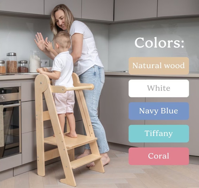 Impression de tabouret de cuisine pour tout-petits brûlé avec 3 hauteurs réglables pliées Oui