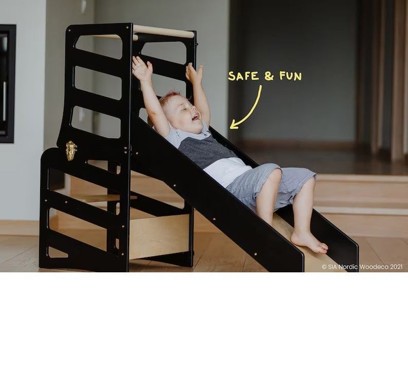 Tour de cuisine pour enfants pliable toute saison Design moderne avec tour d'assistance 3 en 1 et toboggan