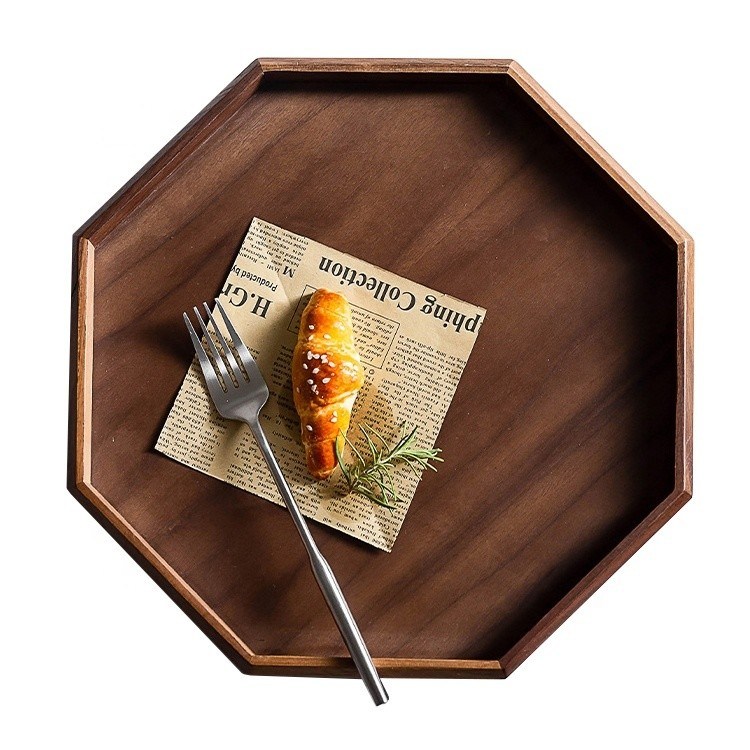 Plateau de service en bois de noyer d'acacia de forme ronde octogonale 30x20x3 cm avec impression brûlée