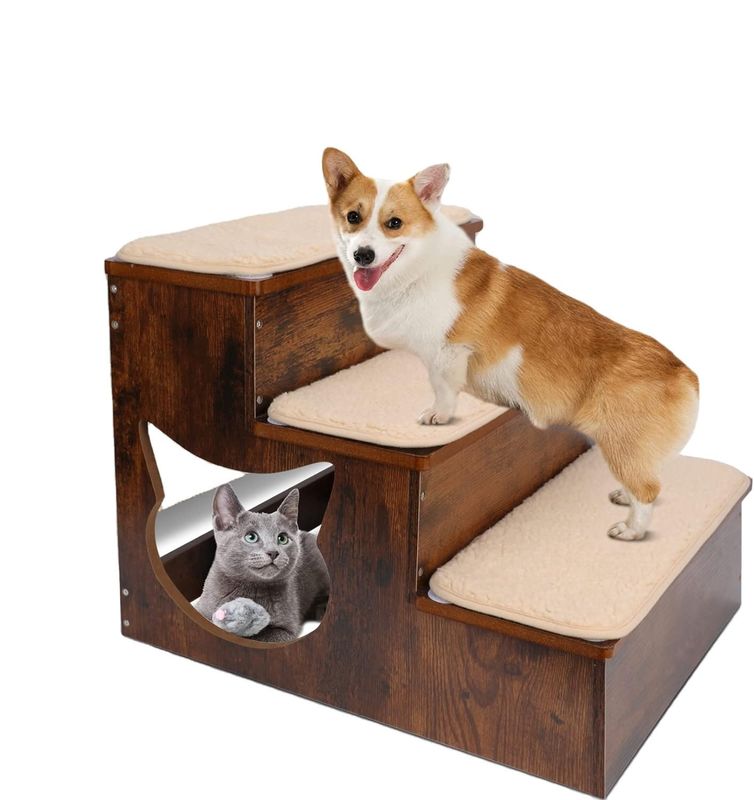 3 niveaux Escaliers en bois pour chiens Escaliers en bois massif pour animaux de compagnie avec des coussins antidérapants et un tapis lavable